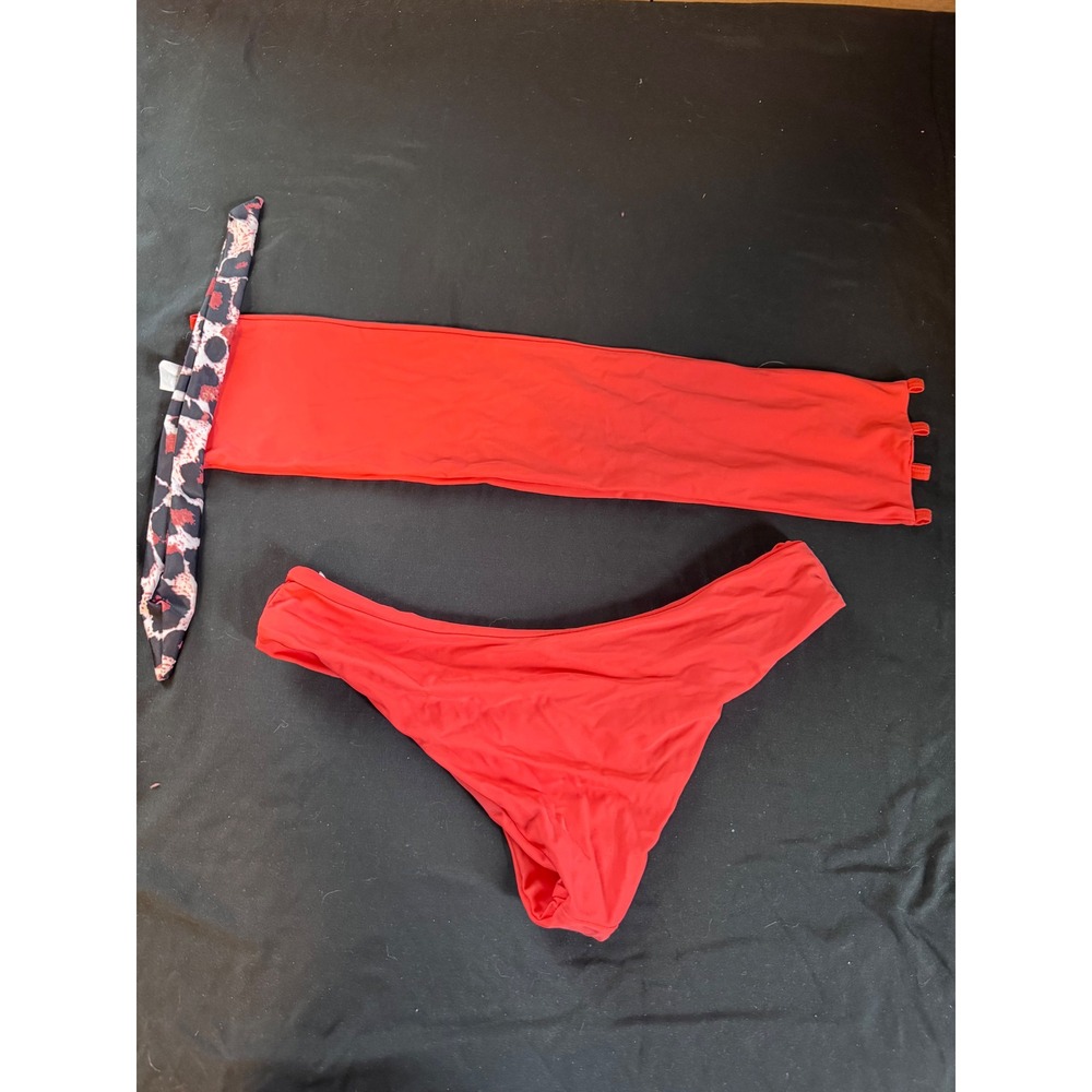 Red Bandeau‎ Bikini Set with Leopard Print Tie Accent Small Two Piece Swimsuit